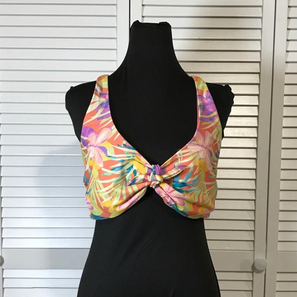Tine and Tru Multicolor Tropical Floral Tie Front Bralette Bikini Swim Top L
